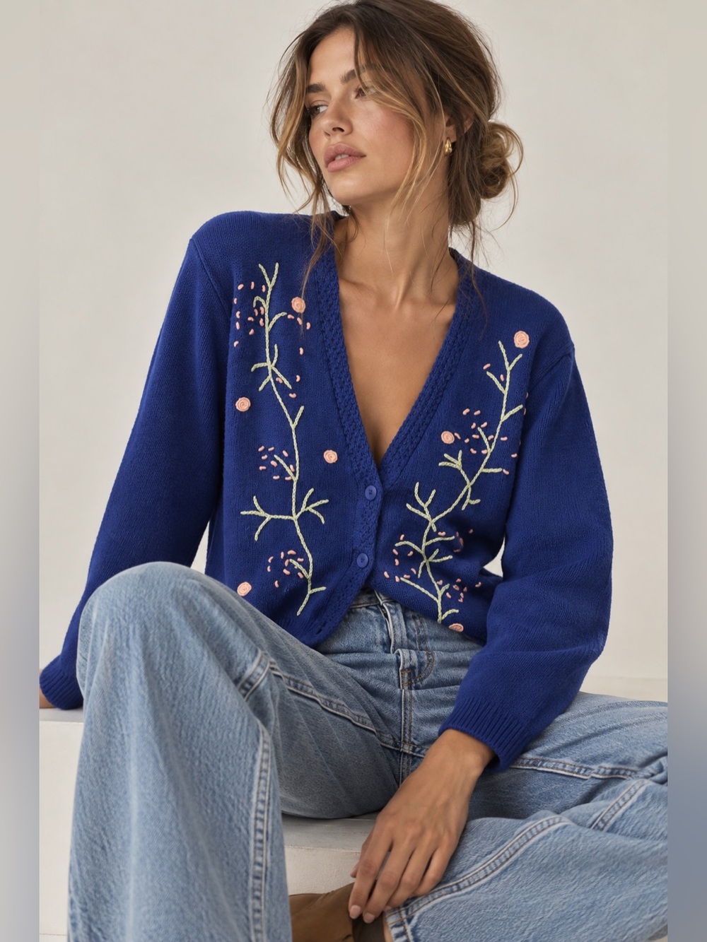 Vintage Sable Cobalt Blue Embroidered Floral Cardigan Sz M